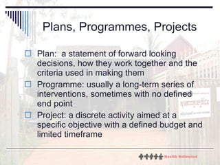 Plans, Programmes, Projects Plan:  a statement of forward looking decisions, how they work together and the criteria used in making them  Programme: usually a long-term series of interventions, sometimes with no defined end point Project: a discrete activity aimed at a specific objective with a defined budget and limited timeframe 