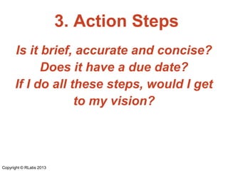 3. Action Steps
Is it brief, accurate and concise?
Does it have a due date?
If I do all these steps, would I get
to my vision?

Copyright © RLabs 2013

 