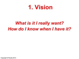 1. Vision
What is it I really want?
How do I know when I have it?

Copyright © RLabs 2013

 