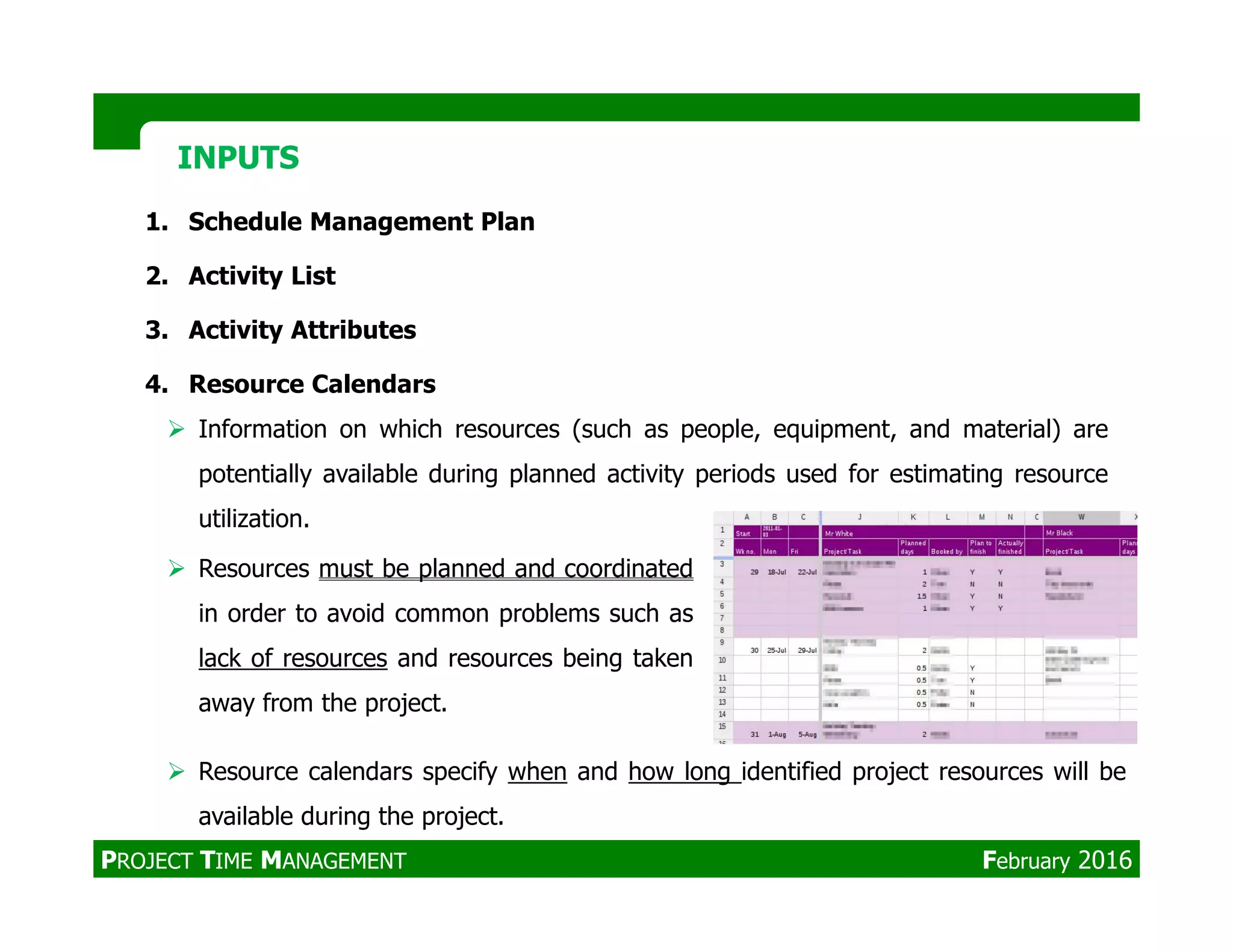 1. Schedule Management Plan
2. Activity List
3. Activity Attributes
4. Resource Calendars
Information on which resources (such as people, equipment, and material) are
potentially available during planned activity periods used for estimating resource
INPUTSINPUTS
potentially available during planned activity periods used for estimating resource
utilization.
Resources must be planned and coordinated
in order to avoid common problems such as
lack of resources and resources being taken
away from the project.
Resource calendars specify when and how long identified project resources will be
available during the project.
PROJECT TIME MANAGEMENT February 2016
 