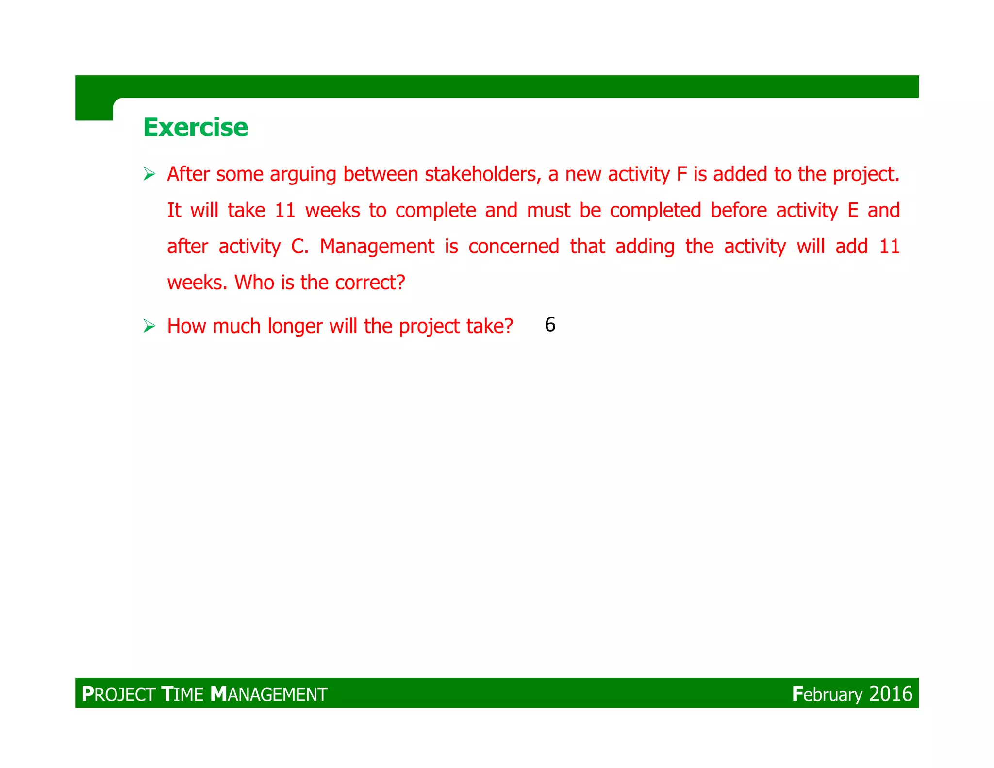 ExerciseExercise
After some arguing between stakeholders, a new activity F is added to the project.
It will take 11 weeks to complete and must be completed before activity E and
after activity C. Management is concerned that adding the activity will add 11
weeks. Who is the correct?
How much longer will the project take? 6
PROJECT TIME MANAGEMENT February 2016
 