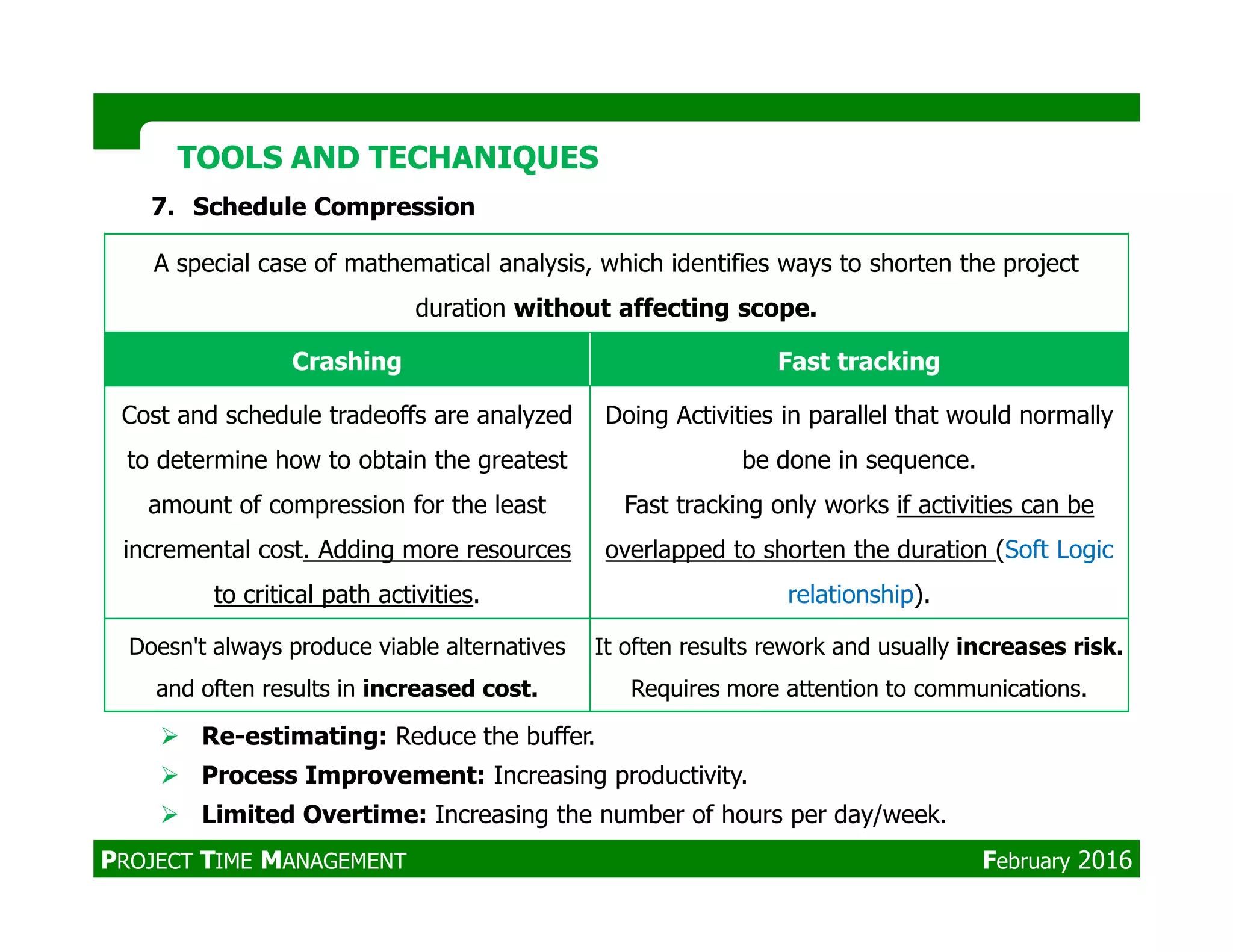 A special case of mathematical analysis, which identifies ways to shorten the project
duration without affecting scope.
Crashing Fast tracking
Cost and schedule tradeoffs are analyzed
to determine how to obtain the greatest
Doing Activities in parallel that would normally
be done in sequence.
TOOLS AND TECHANIQUESTOOLS AND TECHANIQUES
7. Schedule Compression
amount of compression for the least
incremental cost. Adding more resources
to critical path activities.
Fast tracking only works if activities can be
overlapped to shorten the duration (Soft Logic
relationship).
Doesn't always produce viable alternatives
and often results in increased cost.
It often results rework and usually increases risk.
Requires more attention to communications.
Re-estimating: Reduce the buffer.
Process Improvement: Increasing productivity.
Limited Overtime: Increasing the number of hours per day/week.
PROJECT TIME MANAGEMENT February 2016
 