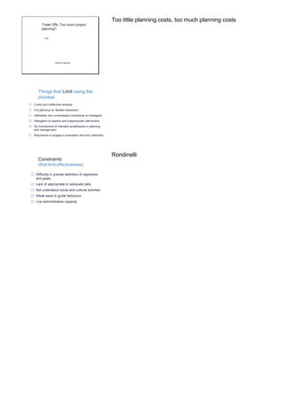 Trade Offs: Too much project 
planning? 
Amount of planning 
Cost 
Too little planning costs, too much planning costs 
Things that Limit using the 
process 
 Costly and ineffective analysis 
 Full planning vs. flexible interaction 
 Inflexibility and unnecessary constraints on managers, 
 Delegation to experts and inappropriate intervention 
 No involvement of intended beneficiaries in planning 
and management 
 Reluctance to engage in evaluation and error detection 
Constraints 
(that limit effectiveness) 
 Difficulty in precise definition of objectives 
and goals 
 Lack of appropriate or adequate data 
 Not understand social and cultural activities 
 Weak ways to guide behaviour 
 Low administrative capacity 
Rondinelli 
