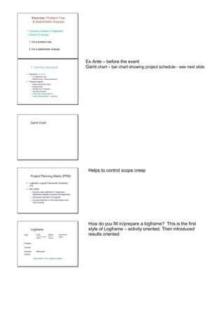 Exercise: Problem Tree 
& Stakeholder Analysis 
• Choose a problem in Ratanakiri 
• Divide in 2 groups 
1. Do a problem tree 
2. Do a stakeholder analysis 
2. Starting Appraisal: 
 Appraisal (ex-ante) 
o Full feasibility study 
o Baseline study, needs assessment 
 Possible outputs 
o Needs assessment report 
o Baseline data 
o Detailed set of indicators 
o Amended proposal 
o Project plan, Gantt chart etc. 
o Project Planning Matrix - Logframe 
Ex Ante – before the event 
Gantt chart – bar chart showing project schedule - see next slide 
Gantt Chart 
Project Planning Matrix (PPM) 
 Logframe, Logical Framework (Analysis), 
LFA 
 4x4 matrix 
o Ensures clear statement of objectives 
(distinction between purpose and objectives) 
o Introduces indicators of progress 
o Focuses attention on the assumptions and 
risks involved 
Helps to control scope creep 
Logframe 
Purpose 
Outputs 
Activities Milestones 
(Inputs) 
Assumptions 
Risks 
MOVs 
Means of 
Verification 
OVIs 
Objectively Verifiable 
Indicators 
Goal 
More detail in the Logframe session 
How do you fill in/prepare a logframe? This is the first 
style of Logframe – activity oriented. Then introduced 
results oriented 
 