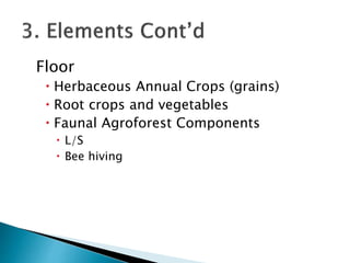 Floor
Herbaceous Annual Crops (grains)
Root crops and vegetables
Faunal Agroforest Components
L/S
Bee hiving