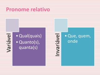 Pronome relativo
Variável




                           Invariável
           • Qual(quais)                • Que, quem,
           • Quanto(s),                   onde
             quanta(s)
 