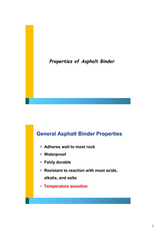 1
Properties of Asphalt Binder
General Asphalt Binder Properties
• Adheres well to most rock
• Waterproof
• Fairly durable
• Resistant to reaction with most acids,
alkalis, and salts
• Temperature sensitive
 