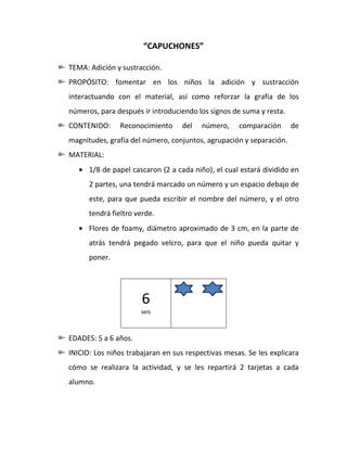 “CAPUCHONES”

TEMA: Adición y sustracción.
PROPÓSITO: fomentar en los niños la adición y sustracción
interactuando con el material, así como reforzar la grafía de los
números, para después ir introduciendo los signos de suma y resta.
CONTENIDO:     Reconocimiento      del   número,    comparación      de
magnitudes, grafía del número, conjuntos, agrupación y separación.
MATERIAL:
      1/8 de papel cascaron (2 a cada niño), el cual estará dividido en
      2 partes, una tendrá marcado un número y un espacio debajo de
      este, para que pueda escribir el nombre del número, y el otro
      tendrá fieltro verde.
      Flores de foamy, diámetro aproximado de 3 cm, en la parte de
      atrás tendrá pegado velcro, para que el niño pueda quitar y
      poner.




                       6
                      seis



EDADES: 5 a 6 años.
INICIO: Los niños trabajaran en sus respectivas mesas. Se les explicara
cómo se realizara la actividad, y se les repartirá 2 tarjetas a cada
alumno.
 