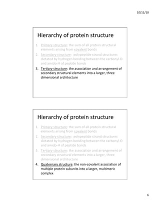 10/11/18
6
Hierarchy of protein structure
1. Primary structure: the sum of all protein structural
elements arising from covalent bonds
2. Secondary structure: polypeptide strand structures
dictated by hydrogen bonding between the carbonyl-O
and amido-H of peptide bonds
3. Tertiary structure: the association and arrangement of
secondary structural elements into a larger, three
dimensional architecture
Hierarchy of protein structure
1. Primary structure: the sum of all protein structural
elements arising from covalent bonds
2. Secondary structure: polypeptide strand structures
dictated by hydrogen bonding between the carbonyl-O
and amido-H of peptide bonds
3. Tertiary structure: the association and arrangement of
secondary structural elements into a larger, three
dimensional architecture
4. Quaternary structure: the non-covalent association of
multiple protein subunits into a larger, multimeric
complex
 