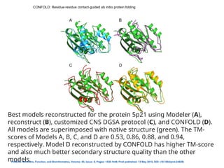 CONFOLD: Residue residue contact guided ab initio protein folding
‐ ‐
Proteins: Structure, Function, and Bioinformatics, Volume: 83, Issue: 8, Pages: 1436-1449, First published: 13 May 2015, DOI: (10.1002/prot.24829)
Best models reconstructed for the protein 5p21 using Modeler (A),
reconstruct (B), customized CNS DGSA protocol (C), and CONFOLD (D).
All models are superimposed with native structure (green). The TM‐
scores of Models A, B, C, and D are 0.53, 0.86, 0.88, and 0.94,
respectively. Model D reconstructed by CONFOLD has higher TM‐score
and also much better secondary structure quality than the other
models.
 