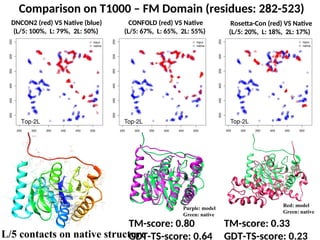 Comparison on T1000 – FM Domain (residues: 282-523)
TM-score: 0.80
GDT-TS-score: 0.64
TM-score: 0.33
GDT-TS-score: 0.23
DNCON2 (red) VS Native (blue)
(L/5: 100%, L: 79%, 2L: 50%)
CONFOLD (red) VS Native
(L/5: 67%, L: 65%, 2L: 55%)
Rosetta-Con (red) VS Native
(L/5: 20%, L: 18%, 2L: 17%)
L/5 contacts on native structure
Purple: model
Green: native
Red: model
Green: native
 