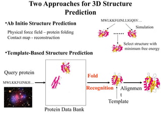 Two Approaches for 3D Structure
Prediction
•Ab Initio Structure Prediction
•Template-Based Structure Prediction
Physical force field – protein folding
Contact map - reconstruction
MWLKKFGINLLIGQSV…
……
Select structure with
minimum free energy
MWLKKFGINKH…
Protein Data Bank
Fold
Recognition Alignmen
t
Template
Simulation
Query protein
 