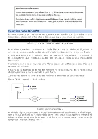 QUESTÕES PARA REFLEXÃO
Para entendermos um melhor vamos apresentar um cenário com duas tabelas, uma
integridade referencial entre elas e dados que populem ambas as tabelas.
00:00
00:00
VÍDEO AULA 05 – DIRETIVAS DE ACESSO
O modelo conceitual apresenta a tabela Marca com os atributos id_marca e
nm_marca, que receberão dados das principais montadoras de veículo do Brasil.
A segunda tabela é o Modelo, com os atributos nm_modelo, tp_modelo e
tp_combustivel, que receberão dados dos principais veículos das montadoras
brasileiras.
O relacionamento é de 1-N, onde uma Marca possui vários Modelos e cada Modelo é
de uma única Marca.
Uma Marca cadastrada pode não ter nenhum Modelo ainda, mas todo Modelo deve
obrigatoriamente estar associado a uma Marca.
Justificando assim as cardinalidades mínimas e máximas de cada entidade.
Marca (1,1) – possui – (0,N) Modelo
Fonte: Nishimura (2012).
O modelo lógico já apresenta a integridade referencial estabelecida a nível lógico,
com a chave primária da tabela Marca como uma chave estrangeira e primária na
tabela Modelo compondo junto com o atributo nm_modelo, uma chave primária
composta (relacionamento forte).
 