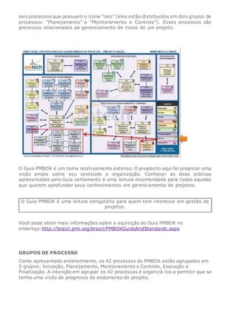 seis processos que possuem o ícone “raio” (eles estão distribuídos em dois grupos de
processos: “Planejamento” e “Monitoramento e Controle”). Esses processos são
processos relacionados ao gerenciamento de riscos de um projeto.
O Guia PMBOK é um tema relativamente extenso. O propósito aqui foi propiciar uma
visão ampla sobre seu conteúdo e organização. Conhecer as boas práticas
apresentadas pelo Guia certamente é uma leitura recomendada para todos aqueles
que querem aprofundar seus conhecimentos em gerenciamento de projetos.
O Guia PMBOK é uma leitura obrigatória para quem tem interesse em gestão de
projetos.
Você pode obter mais informações sobre a aquisição do Guia PMBOK no
endereço:http://brasil.pmi.org/brazil/PMBOKGuideAndStandards.aspx
GRUPOS DE PROCESSO
Como apresentado anteriormente, os 42 processos do PMBOK estão agrupados em
5 grupos: Iniciação, Planejamento, Monitoramento e Controle, Execução e
Finalização. A intenção em agrupar os 42 processos é organizá-los e permitir que se
tenha uma visão do progresso do andamento do projeto.
 