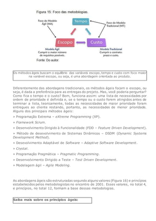 Os métodos ágeis buscam o equilíbrio das variáveis escopo, tempo e custo com foco maior
na variável escopo, ou seja, é uma abordagem orientada ao produto.
Diferentemente das abordagens tradicionais, os métodos ágeis focam o escopo, ou
seja, é dada a preferência para as entregas do projeto. Mas, você poderia perguntar?
Como fica o tempo e o custo? Bom, funciona assim: uma lista de necessidades por
ordem de prioridade é definida e, se o tempo ou o custo forem atingidos antes de
terminar a lista, teoricamente, todas as necessidades de maior prioridade foram
entregues ao cliente restando, portanto, as necessidades de menor prioridade.
Alguns dos principais métodos ágeis:
» Programação Extrema – eXtreme Programming (XP).
» Framework Scrum.
» Desenvolvimento Dirigido à Funcionalidade (FDD – Feature Driven Development).
» Método de desevolvimento de Sistemas Dinâmicos – DSDM (Dynamic Systems
Development Method).
» Desevolvimento Adaptável de Software – Adaptive Software Development.
» Crystal.
» Programação Pragmática – Pragmatic Programming.
» Desenvolvimento Dirigido a Teste – Test Driven Development.
» Modelagem ágil – Agile Modeling.
As abordagens ágeis são estruturadas segundo alguns valores (Figura 16) e princípios
estabelecidos pelos metodologistas no encontro de 2001. Esses valores, no total 4,
e princípios, no total 12, formam a base dessas metodologias.
Saiba mais sobre os princípios ágeis:
 