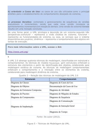 b) orientado a Casos de Uso: os casos de uso são utilizados como o principal
artefato para o estabelecimento do comportamento desejado do sistema;
c) processo iterativo: contempla o gerenciamento de sequências de versões
executáveis e incrementais, sendo que cada nova versão incorpora os
aprimoramentos incrementais em relação às demais. Uma versão do sistema liberada
resulta em uma iteração concluída.
De uma forma geral, a UML privilegia a descrição de um sistema segundo três
perspectivas:estrutural – representa a visão estática do sistema; funcional –
representa as funcionalidades do sistema, ou seja, os serviços que o sistema
disponibiliza aos usuários; dinâmica – representa o comportamento dos objetos em
tempo de execução.
Para mais informações sobre a UML, acesse o link:
http://www.uml.org/
6
A UML 2.0 abrange quatorze técnicas de modelagem, classificadas em estrutural e
comportamental. As técnicas de modela Modularidade gem estruturais enfatizam a
estrutura dos elementos a partir da identificação dos objetos, colaborando para
modelagem estática do sistema. As técnicas de modelagem comportamentais
enfatizam o comportamento e a interação entre os elementos do sistema,
colaborando para modelagem dinâmica do sistema.
Quadro 2 – Relação das técnicas de modelagem da UML 2.0
Estruturais Comportamentais
Diagrama de Classes Diagrama de Casos de Uso
Diagrama de Objetos Documentação de Casos de Uso
Diagrama de Estruturas Compostas Diagrama de Atividade
Diagrama de Pacotes Diagrama de Máquina de Estados
Diagrama de Componentes Diagrama de Sequência
Diagrama de Implantação
Diagrama de Comunicação
Diagrama de Interação Geral
Diagrama de Tempo
Fonte: Do autor (2012).
Figura 5 – Técnicas de Modelagem da UML.
 