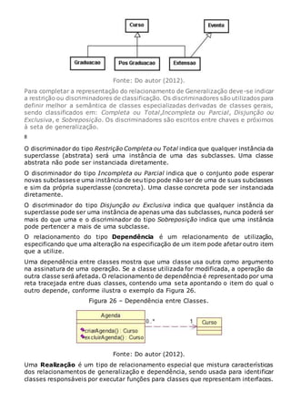 Fonte: Do autor (2012).
Para completar a representação do relacionamento de Generalização deve-se indicar
a restrição ou discriminadores de classificação. Os discriminadores são utilizados para
definir melhor a semântica de classes especializadas derivadas de classes gerais,
sendo classificados em: Completa ou Total,Incompleta ou Parcial, Disjunção ou
Exclusiva, e Sobreposição. Os discriminadores são escritos entre chaves e próximos
à seta de generalização.
8
O discriminador do tipo Restrição Completa ou Total indica que qualquer instância da
superclasse (abstrata) será uma instância de uma das subclasses. Uma classe
abstrata não pode ser instanciada diretamente.
O discriminador do tipo Incompleta ou Parcial indica que o conjunto pode esperar
novas subclasses e uma instância de seu tipo pode não ser de uma de suas subclasses
e sim da própria superclasse (concreta). Uma classe concreta pode ser instanciada
diretamente.
O discriminador do tipo Disjunção ou Exclusiva indica que qualquer instância da
superclasse pode ser uma instância de apenas uma das subclasses, nunca poderá ser
mais do que uma e o discriminador do tipo Sobreposição indica que uma instância
pode pertencer a mais de uma subclasse.
O relacionamento do tipo Dependência é um relacionamento de utilização,
especificando que uma alteração na especificação de um item pode afetar outro item
que a utilize.
Uma dependência entre classes mostra que uma classe usa outra como argumento
na assinatura de uma operação. Se a classe utilizada for modificada, a operação da
outra classe será afetada. O relacionamento de dependência é representado por uma
reta tracejada entre duas classes, contendo uma seta apontando o item do qual o
outro depende, conforme ilustra o exemplo da Figura 26.
Figura 26 – Dependência entre Classes.
Fonte: Do autor (2012).
Uma Realização é um tipo de relacionamento especial que mistura características
dos relacionamentos de generalização e dependência, sendo usada para identificar
classes responsáveis por executar funções para classes que representam interfaces.
 