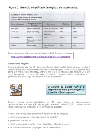 Quer saber mais sobre as partes interessadas? Acesse o endereço:
http://www.gestaodeprojeto.info/analise-dos-stakeholders
Gerente de Projeto
O gerente de projeto (ou GP) desempenha um papel fundamental no projeto, ele é o
responsável global por todo trabalho realizado no projeto. Além disso, o gerente atua
como um meio, uma interface, entre o projeto e os interessados nele. O GP é um
cargo temporário, ou seja, ele existe enquanto o projeto existir. Normalmente o
gerente é definido logo nas etapas iniciais do projeto.
Dentre tantas responsabilidades, o GP supervisiona o planejamento,
desenvolvimento e operação do projeto. Cleland; Ireland (2007) listam outras
responsabilidades atribuídas aos gerentes de projeto:
» redistribuem recursos conforme a necessidade do projeto;
» monitoram a competência da equipe do projeto;
» gerenciam mudanças;
» monitoram o prazo, custo, risco, qualidade, etc. do projeto;
» relatam o andamento do projeto aos interessados;
 