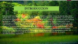 INTRODUCCION
Este proyecto tiene como finalidad obtener una pomada natural desarrollada a base de plantas tales como
(Nogal, Aliso, Laurel, Ruda y ortiga) además de grasa animal; aprovechando los beneficios que nos ofrece la
naturaleza al utilizar como ingredientes plantas que han crecido en la pureza de los páramos y cerros andinos,
tomando en cuenta y luego de conocer los principios activos consideramos idónea la elaboración d este
producto para colaborar y ser parte necesaria en un correcto tratamiento de fr5actuiras en huesos así como
resfriados y dolores en la misma, en los estudiantes del curso de nivelación del área de salud paralelo “V02”
quienes al igual que todos los seres humanos de alguna u otra manera estamos expuestos a padecer uno o
más de estos problemas que afectara en su rendimiento social y académico; para desarrollar el proyecto
necesitamos antes de obtener el producto la aceptación por parte de los futuros beneficiados es decir los
estudiantes, para conocer aquello se realizó encuestas y breves entrevistas además de receptar
recomendaciones y sugerencias.

 