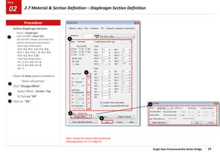Single Span Prestressed Box Girder Bridge 14
Step
Step
1
2
4
Define Diaphragm Section:
Name > Diaphragm
Joint On/Off > Check JO1
See the PSC Viewer and enter the
section dimension parameters
Outer box dimensions
HO1: 0.2, BO1: 1.5, HO2: 0.3,
BO1-1: 0.5, HO2-1: 0, BO2: 0.5,
HO3: 2.5, BO3: 2.25
Inner box dimensions
HI1: 1, BI1: 0.5, HI2: 0,
HI3: 1, BI3: 0.5, HI4: 0,
HI5: 1
Check all Auto options related to
Shear calculations
Click “Change Offset”
Select Offset : Center- Top
& Click on “OK”
Click on “OK”
3
4
Note: Invoke the section data window by
following Steps 2 to 5 in Page 10.
1
2
3
3
Procedure
02 2-7 Material & Section Definition – Diaphragm Section Definition
 