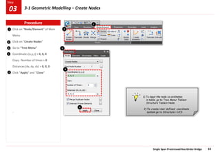 Single Span Prestressed Box Girder Bridge 16
Step
Step
1
2
3
.
Click on “Node/Element” of Main
Menu
Click on “Create Nodes”
Go to “Tree Menu”
Coordinates (x,y,z) > 0, 0, 0
Copy : Number of times > 0
Distances (dx, dy, dz) > 0, 0, 0
Click “Apply” and “Close”
4
5
1
4
1) To input the node co-ordinates
in table, go to Tree Menu> Tables>
Structure Tables> Node
2) To create User defined coordinate
system go to Structure > UCS
2
5
3
Procedure
3-1 Geometric Modelling – Create Nodes
03
 