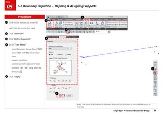 Single Span Prestressed Box Girder Bridge 36
Step
Step
1
2
3
Click on the button as shown &
switch to the isometric view
Click “Boundary”
Click “Define Supports”
Go to “Tree Menu”
Select Boundary Group Name “SUB”
Check “Dy” and “Dz” to simulate
roller
Support condition.
Select encircled nodes with Node
numbers “50” “52” using Select by
Window
Click “Apply”
4
5
Note: The elastic links stiffness in different directions are provided to simulate the layout of
bearings
2
3
5
6
4
1
Procedure
5-5 Boundary Definition – Defining & Assigning Supports
05
 