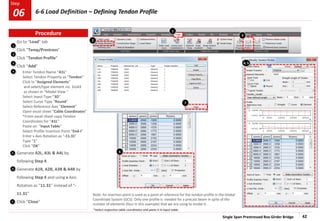 Single Span Prestressed Box Girder Bridge 42
Step
Step
1
2
3
Go to “Load” tab
Click “Temp/Prestress”
Click “Tendon Profile”
Click “Add”
Enter Tendon Name “A1L”
Select Tendon Property as “Tendon”
Click in “Assigned Elements”
and select/type element no. 1to43
as shown in “Model View “
Select Input Type “3D”
Select Curve Type “Round”
Select Reference Axis “Element”
Open excel sheet “Cable Coordinates”
*From excel sheet copy Tendon
Coordinates for “A1L”
Paste on “Input Table”
Select Profile Insertion Point “End-I”
Enter x Axis Rotation as “-11.31”
Type “1”
Click “OK”
Generate A2L, A3L & A4L by
following Step 4
Generate A1R, A2R, A3R & A4R by
following Step 4 and using x Axis
Rotation as “11.31” instead of “-
11.31”
Click “Close”
4
1
5
7
2
*Select respective cable coordinates and paste it in input table.
Note: An insertion point is used as a point of reference for the tendon profile in the Global
Coordinate System (GCS). Only one profile is needed for a precast beam in spite of the
number of elements (four in this example) that we are using to model it.
3
6
4, 5
6
Procedure
6-6 Load Definition – Defining Tendon Profile
06
7
 