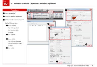 Single Span Prestressed Box Girder Bridge 5
Step
Step
Go to “Properties”
Click on “Material Properties”
Click on “Add” to define materials
Define Material data:
Name> Tendon
Type of Design: Steel
Steel Standard: IS(S)
DB: Fe540
Click on Apply
Name > M50
Type of design> Concrete
Concrete Standard > IS (RC)
DB: M50
Click on OK
1
2
3
4
5
2
3
4
1
6
7
7
6
5
Procedure
2-1 Material & Section Definition – Material Definition
02
 