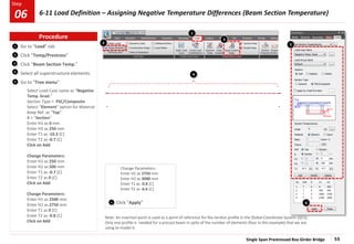 Single Span Prestressed Box Girder Bridge 53
Step
Step
Change Parameters:
Enter H1 as 2750 mm
Enter H2 as 3000 mm
Enter T1 as -0.8 [C]
Enter T2 as -6.6 [C]
Click “Apply”
1
2
3
Go to “Load” tab
Click “Temp/Prestress”
Click “Beam Section Temp.”
Select all superstructure elements.
Go to “Tree menu”
Select Load Case name as “Negative
Temp. Grad.”
Section Type > PSC/Composite
Select “Element” option for Material
Keep Ref. as “Top”
B > “Section”
Enter H1 as 0 mm
Enter H2 as 250 mm
Enter T1 as -10.3 [C]
Enter T2 as -0.7 [C]
Click on Add
Change Parameters:
Enter H1 as 250 mm
Enter H2 as 500 mm
Enter T1 as -0.7 [C]
Enter T2 as 0 [C]
Click on Add
Change Parameters:
Enter H1 as 2500 mm
Enter H2 as 2750 mm
Enter T1 as 0 [C]
Enter T2 as -0.8 [C]
Click on Add
4
5
Note: An insertion point is used as a point of reference for the tendon profile in the Global Coordinate System (GCS).
Only one profile is needed for a precast beam in spite of the number of elements (four in this example) that we are
using to model it.
6 6
4
3
2
1
5
Procedure
6-11 Load Definition – Assigning Negative Temperature Differences (Beam Section Temperature)
06
 