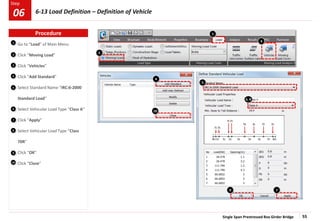 Single Span Prestressed Box Girder Bridge 55
Step
Step
5
1
2
3
Go to “Load” of Main Menu
Click “Moving Load”
Click “Vehicles”
Click “Add Standard”
Select Standard Name “IRC:6-2000
Standard Load”
Select Vehicular Load Type “Class A”
Click “Apply”
Select Vehicular Load Type “Class
70R”
Click “OK”
Click “Close”
4
3
2
6
7
8
9
10
5
6, 8
9
4
10
7
1
Procedure
6-13 Load Definition – Definition of Vehicle
06
 