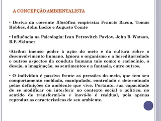 • Deriva da corrente filosófica empirista: Francis Bacon, Tomás
Hobbes, John Locke e Augusto Comte
• Influência na Psicologia: Ivan Petrovitch Pavlov, John B. Watson,
B.F. Skinner
•Atribui imenso poder à ação do meio e da cultura sobre o
desenvolvimento humano. Ignora o organismo e a hereditariedade
e outros aspectos da conduta humana tais como: o raciocínio, o
desejo, a imaginação, os sentimentos e a fantasia, entre outros.
• O indivíduo é passivo frente as pressões do meio, que tem seu
comportamento moldado, manipulado, controlado e determinado
pelas definições do ambiente que vive. Portanto, sua capacidade
de se modificar ou interferir no contexto social e político, no
sentido de transformá-lo e inová-lo é residual, pois apenas
reproduz as características de seu ambiente.
 