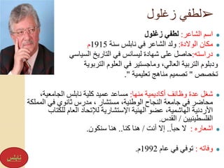 ➢‫زغلول‬ ‫لطفي‬
●‫الشاعر‬ ‫اسم‬:‫زغلول‬ ‫لطفي‬
●‫الوالدة‬ ‫مكان‬:‫سنة‬ ‫نابلس‬ ‫في‬ ‫الشاعر‬ ‫ولد‬1915‫م‬
●‫دراسته‬:‫السياسي‬ ‫التاريخ‬ ‫في‬ ‫ليسانس‬ ‫شهادة‬ ‫على‬ ‫حاصل‬
‫التربوية‬ ‫العلوم‬ ‫في‬ ‫وماجستير‬ ،‫العالي‬ ‫التربية‬ ‫ودبلوم‬
‫تخصص‬"‫تعليمية‬ ‫مناهج‬ ‫تصميم‬."
●‫منها‬ ‫أكاديمية‬ ‫وظائف‬ ‫عدة‬ ‫شغل‬:‫الجامعية‬ ‫نابلس‬ ‫كلية‬ ‫عميد‬ ‫مساعد‬،
‫ال‬ ‫في‬ ‫ثانوي‬ ‫مدرس‬ ، ‫مستشار‬ ،‫الوطنية‬ ‫النجاح‬ ‫جامعة‬ ‫في‬ ‫محاضر‬‫مملكة‬
‫للكت‬ ‫العام‬ ‫لإلتحاد‬ ‫اإلستشارية‬ ‫الهئية‬ ‫عضو‬ ،‫الهاشمية‬ ‫األردنية‬‫اب‬
‫الفلسطينيين‬/‫القدس‬.
●‫اشعاره‬:ً‫ا‬‫حب‬ ‫ال‬..‫أنت‬ ‫إال‬/‫كنا‬ ‫هنا‬..‫سنكون‬ ‫هنا‬.
●‫وفاته‬:‫عام‬ ‫في‬ ‫توفي‬1992‫م‬.
‫نابلس‬
 