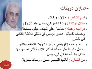 ➢‫دويكات‬ ‫مازن‬
●‫الشاعر‬ ‫اسم‬:‫دويكات‬ ‫مازن‬.
●‫الوالدة‬ ‫مكان‬:‫عام‬ ‫نابلس‬ ‫في‬ ‫الشاعر‬ ‫ولد‬1954‫م‬.
●‫وعمله‬ ‫دراسته‬:‫شهادة‬ ‫على‬ ‫حاصل‬‫دبلوم‬‫مساحة‬
‫كميات‬ ‫وحساب‬.‫الث‬ ‫بالطة‬ ‫ملتقى‬ ‫في‬ ‫مؤسس‬ ‫عضو‬‫قافي‬
‫نابلس‬ ‫في‬.
●‫والن‬ ‫للثقافة‬ ‫اغاريت‬ ‫مركز‬ ‫في‬ ‫إدارية‬ ‫هيئة‬ ‫عضو‬ ‫ـ‬‫شر‬.
‫ت‬ ‫التي‬ ‫األدبية‬ ‫الملتقى‬ ‫مجلة‬ ‫على‬ ً‫ا‬‫مشرف‬ ‫عمل‬ ‫ـ‬‫عن‬ ‫صدر‬
‫في‬ ‫الثقافي‬ ‫بالطة‬ ‫ملتقى‬‫نابلس‬.
●‫اشعاره‬ ‫من‬:‫حجرية‬ ‫وسائد‬ ، ‫حسن‬ ‫الشاطر‬ ‫أناشيد‬.
‫نابلس‬
 