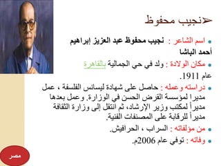 ➢‫محفوظ‬ ‫نجيب‬
●‫الشاعر‬ ‫اسم‬:‫إبراهيم‬ ‫العزيز‬ ‫عبد‬ ‫محفوظ‬ ‫نجيب‬
‫الباشا‬ ‫أحمد‬
●‫الوالدة‬ ‫مكان‬:‫الجمالية‬ ‫حي‬ ‫في‬ ‫ولد‬‫بالقاهرة‬
‫عام‬1911.
●‫وعمله‬ ‫دراسته‬:، ‫الفلسفة‬ ‫ليسانس‬ ‫شهادة‬ ‫على‬ ‫حاصل‬‫عمل‬
‫الوزارة‬ ‫في‬ ‫الحسن‬ ‫القرض‬ ‫لمؤسسة‬ ‫مديرا‬.‫بعدها‬ ‫وعمل‬
‫الثق‬ ‫وزارة‬ ‫إلى‬ ‫انتقل‬ ‫ثم‬ ،‫اإلرشاد‬ ‫وزير‬ ‫لمكتب‬ ً‫ا‬‫مدير‬‫افة‬
‫الفنية‬ ‫المصنفات‬ ‫على‬ ‫للرقابة‬ ً‫ا‬‫مدير‬.
●‫مؤلفاته‬ ‫من‬:‫الحرافيش‬ ، ‫السراب‬.
●‫وفاته‬:‫عام‬ ‫توفي‬2006‫م‬.
‫مصر‬
 