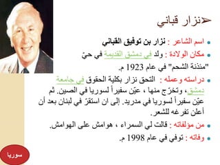 ➢‫قباني‬ ‫نزار‬
●‫الشاعر‬ ‫اسم‬:‫القباني‬ ‫توفيق‬ ‫بن‬ ‫نزار‬
●‫الوالدة‬ ‫مكان‬:‫ولد‬‫في‬‫القديمة‬ ‫دمشق‬ِّ‫ي‬‫ح‬ ‫في‬
"‫الشحم‬ ‫مئذنة‬"‫عام‬ ‫في‬1923‫م‬.
●‫وعمله‬ ‫دراسته‬:‫الحقوق‬ ‫بكلية‬ ‫نزار‬ ‫التحق‬‫في‬‫جامعة‬
‫دمشق‬‫الص‬ ‫في‬ ‫لسوريا‬ ً‫ا‬‫سفير‬ ‫ِّن‬‫ي‬‫ع‬ ، ‫منها‬ ‫ج‬ِّ‫وتخر‬ ،‫ين‬.‫ثم‬
‫مدريد‬ ‫في‬ ‫لسوريا‬ ً‫ا‬‫سفير‬ ‫ِّن‬‫ي‬‫ع‬.‫ف‬ ِّ‫استقر‬ ‫ان‬ ‫إلى‬‫أن‬ ‫بعد‬ ‫لبنان‬ ‫ي‬
‫للشعر‬ ‫تفرغه‬ ‫أعلن‬.
●‫مؤلفاته‬ ‫من‬:‫الهوامش‬ ‫على‬ ‫هوامش‬ ، ‫السمراء‬ ‫لي‬ ‫قالت‬.
●‫وفاته‬:‫عام‬ ‫في‬ ‫توفي‬1998‫م‬.
‫سوريا‬
 