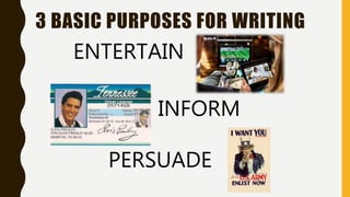 3 BASIC PURPOSES FOR WRITING
ENTERTAIN
INFORM
PERSUADE
 