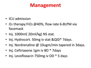 Management
• ICU admission
• O2 therapy:FiO2 @40%, flow rate 6-8LPM via
facemask
• Inj. 1000ml( 20ml/kg) NS stat.
• Inj. Hydrocort. 50mg iv stat &QID* 7days.
• Inj. Nordrenaline @ 10ugm/min tapered in 3days.
• Inj. Ceftriaxone 1gm iv BD * 7days
• Inj. Levofloxacin 750mg iv OD * 5 days
 