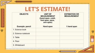 LET’S ESTIMATE!
OBJECTS
Example: pencil
UNIT OF
MEASUREMENT
(hand span, cubit,
foot span, pace,
arm span)
Hand span
ESTIMATION OR
MEASUREMENT
1 hand span
1. Science book
2. Science notebook
3. Table
4. Floor
5. Whiteboard
 