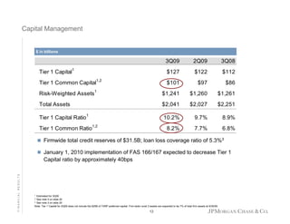 Capital Management

$ in billions
$ in billions

3Q09

2Q09

3Q08

Tier 1 Capital1

$127

$122

$112

Tier 1 Common Capital1,2

$101

$97

$86

Risk-Weighted Assets1

$1,241

$1,260

$1,261

Total Assets

$2,041

$2,027

$2,251

Tier 1 Capital Ratio1

10.2%

9.7%

8.9%

8.2%

7.7%

6.8%

Tier 1 Common Ratio1,2

Firmwide total credit reserves of $31.5B; loan loss coverage ratio of 5.3%3

FINANCIAL RESULTS

January 1, 2010 implementation of FAS 166/167 expected to decrease Tier 1
Capital ratio by approximately 40bps

1

Estimated for 3Q09
See note 4 on slide 20
3 See note 3 on slide 20
Note: Tier 1 Capital for 2Q09 does not include the $25B of TARP preferred capital. Firm-wide Level 3 assets are expected to be 7% of total firm assets at 9/30/09
2

12

 