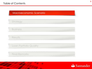 2
Table of Contents


       Macroeconomic Scenario


      Strategy


      Business


      Results


      Loan Portfolio Quality


      Final Remarks
 