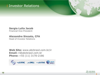 19
Sergio Lulia Jacob
Financial Vice-President
Alexandre Sinzato, CFA
Head of Investor Relations
Web Site: www.abcbrasil.com.br/ir
Email: ri@abcbrasil.com.br
Phone: +55 (11) 3170-2186
19
Investor Relations
 