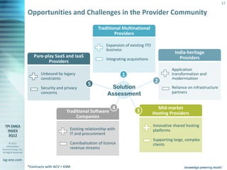 17

                       Opportunities and Challenges in the Provider Community
                                                               Traditional Multinational
                                                                       Providers

                                                                   Expansion of existing ITO
                                                                   business
                                                                                                          India-heritage
                          Pure-play SaaS and IaaS                                                           Providers
                                                                   Integrating acquisitions
                                 Providers
                                                                                                         Application
                              Unbound by legacy                             1                            transformation and
                              constraints                                                                modernisation
                                                                                                2
                                                         5
                              Security and privacy                   Solution                            Reliance on infrastructure
                              concerns                              Assessment                           partners


                                                                       4                         Mid-market
                                             Traditional Software                   3          Hosting Providers
                                                 Companies
                                                                                               Innovative shared hosting
                                               Existing relationship with                      platforms
                                               IT and procurement
                                                                                               Supporting large, complex
       © 2012                                  Cannibalisation of licence                      clients
    Information
Services Group, Inc.                           revenue streams
All Rights Reserved


isg-one.com
                       *Contracts with ACV > €4M
 