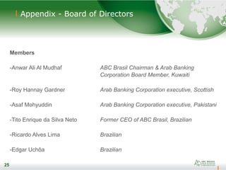 25
25
Members
-Anwar Ali Al Mudhaf ABC Brasil Chairman & Arab Banking
Corporation Board Member, Kuwaiti
-Roy Hannay Gardner Arab Banking Corporation executive, Scottish
-Asaf Mohyuddin Arab Banking Corporation executive, Pakistani
-Tito Enrique da Silva Neto Former CEO of ABC Brasil, Brazilian
-Ricardo Alves Lima Brazilian
-Edgar Uchôa Brazilian
Appendix - Board of Directors
 