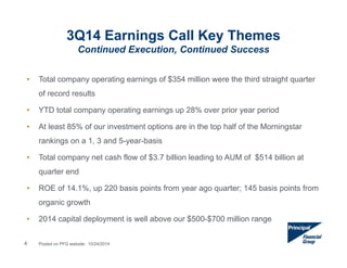 3Q14 Earnings Call Key Themes 
Continued Execution, Continued Success 
• Total company operating earnings of $354 million were the third straight quarter 
of record results 
• YTD total company operating earnings up 28% over prior year period 
• At least 85% of our investment options are in the top half of the Morningstar 
rankings on a 1, 3 and 5-year-basis 
• Total company net cash flow of $3.7 billion leading to AUM of $514 billion at 
quarter end 
• ROE of 14.1%, up 220 basis points from year ago quarter; 145 basis points from 
organic growth 
• 2014 capital deployment is well above our $500-$700 million range 
4 Posted on PFG website: 10/24/2014 
 