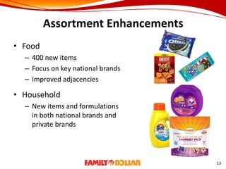 Assortment Enhancements
• Food
– 400 new items
– Focus on key national brands
– Improved adjacencies
• Household
– New items and formulations
in both national brands and
private brands
13
 