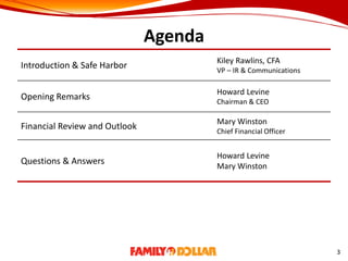Agenda
Introduction & Safe Harbor
Kiley Rawlins, CFA
VP – IR & Communications
Opening Remarks
Howard Levine
Chairman & CEO
Financial Review and Outlook
Mary Winston
Chief Financial Officer
Questions & Answers
Howard Levine
Mary Winston
3
 