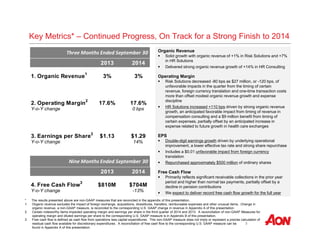 Key Metrics* – Continued Progress, On Track for a Strong Finish to 2014 
Organic Revenue 
 Solid growth with organic revenue of +1% in Risk Solutions and +7% 
3 
in HR Solutions 
 Delivered strong organic revenue growth of +14% in HR Consulting 
Operating Margin 
 Risk Solutions decreased -80 bps as $27 million, or -120 bps, of 
unfavorable impacts in the quarter from the timing of certain 
revenue, foreign currency translation and one-time transaction costs 
more than offset modest organic revenue growth and expense 
discipline 
 HR Solutions increased +110 bps driven by strong organic revenue 
growth, an anticipated favorable impact from timing of revenue in 
compensation consulting and a $9 million benefit from timing of 
certain expenses, partially offset by an anticipated increase in 
expense related to future growth in health care exchanges 
EPS 
 Double-digit earnings growth driven by underlying operational 
improvement, a lower effective tax rate and strong share repurchase 
 Includes a $0.01 unfavorable impact from foreign currency 
translation 
 Repurchased approximately $500 million of ordinary shares 
Free Cash Flow 
 Primarily reflects significant receivable collections in the prior year 
period and higher than normal tax payments, partially offset by a 
decline in pension contributions 
 We expect to deliver record free cash flow growth for the full year 
Three Months Ended September 30 
2013 2014 
1. Organic Revenue1 3% 3% 
2. Operating Margin2 17.6% 17.6% 
Y-o-Y change 0 bps 
3. Earnings per Share2 $1.13 $1.29 
Y-o-Y change 14% 
Nine Months Ended September 30 
2013 2014 
4. Free Cash Flow3 $810M $704M 
Y-o-Y change -13% 
* The results presented above are non-GAAP measures that are reconciled in the appendix of this presentation. 
1 Organic revenue excludes the impact of foreign exchange, acquisitions, divestitures, transfers, reimbursable expenses and other unusual items. Change in 
organic revenue, a non-GAAP measure, is reconciled to the corresponding U.S. GAAP change in revenue in Appendix A of this presentation. 
2 Certain noteworthy items impacted operating margin and earnings per share in the third quarter of 2014 and 2013. A reconciliation of non-GAAP Measures for 
operating margin and diluted earnings per share to the corresponding U.S. GAAP measure is in Appendix B of this presentation. 
3 Free cash flow is defined as cash flow from operations less capital expenditures. This non-GAAP measure does not imply or represent a precise calculation of 
residual cash flow available for discretionary expenditures. A reconciliation of free cash flow to the corresponding U.S. GAAP measure can be 
found in Appendix A of this presentation. 
 