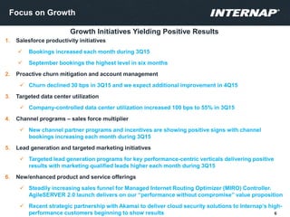 1. Salesforce productivity initiatives
 Bookings increased each month during 3Q15
 September bookings the highest level in six months
2. Proactive churn mitigation and account management
 Churn declined 30 bps in 3Q15 and we expect additional improvement in 4Q15
3. Targeted data center utilization
 Company-controlled data center utilization increased 100 bps to 55% in 3Q15
4. Channel programs – sales force multiplier
 New channel partner programs and incentives are showing positive signs with channel
bookings increasing each month during 3Q15
5. Lead generation and targeted marketing initiatives
 Targeted lead generation programs for key performance-centric verticals delivering positive
results with marketing qualified leads higher each month during 3Q15
6. New/enhanced product and service offerings
 Steadily increasing sales funnel for Managed Internet Routing Optimizer (MIRO) Controller.
AgileSERVER 2.0 launch delivers on our “performance without compromise” value proposition
 Recent strategic partnership with Akamai to deliver cloud security solutions to Internap’s high-
performance customers beginning to show results
Focus on Growth
6
Growth Initiatives Yielding Positive Results
 