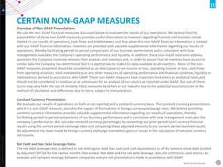 Copyright©2016TheNielsenCompany.
14NLSN 3Q 2016 Results
CERTAIN NON-GAAP MEASURES
Overview of Non-GAAP Presentations
We use the non-GAAP financial measures discussed below to evaluate the results of our operations. We believe that the
presentation of these non-GAAP measures provides useful information to investors regarding financial and business trends
related to our results of operations, cash flows and indebtedness and that when this non-GAAP financial information is viewed
with our GAAP financial information, investors are provided with valuable supplemental information regarding our results of
operations, thereby facilitating period-to-period comparisons of our business performance and is consistent with how
management evaluates the company’s operating performance and liquidity. In addition, these non-GAAP measures address
questions the Company routinely receives from analysts and investors and, in order to assure that all investors have access to
similar data the Company has determined that it is appropriate to make this data available to all investors. None of the non-
GAAP measures presented should be considered as an alternative to net income or loss, operating income or loss, cash flows
from operating activities, total indebtedness or any other measures of operating performance and financial condition, liquidity or
indebtedness derived in accordance with GAAP. These non-GAAP measures have important limitations as analytical tools and
should not be considered in isolation or as substitutes for an analysis of our results as reported under GAAP. Our use of these
terms may vary from the use of similarly-titled measures by others in our industry due to the potential inconsistencies in the
method of calculation and differences due to items subject to interpretation.
Constant Currency Presentation
We evaluate our results of operations on both an as reported and a constant currency basis. The constant currency presentation,
which is a non-GAAP measure, excludes the impact of fluctuations in foreign currency exchange rates. We believe providing
constant currency information provides valuable supplemental information regarding our results of operations, thereby
facilitating period-to-period comparisons of our business performance and is consistent with how management evaluates the
company’s performance. We calculate constant currency percentages by converting our prior-period local currency financial
results using the current period exchange rates and comparing these adjusted amounts to our current period reported results.
No adjustment has been made to foreign currency exchange transaction gains or losses in the calculation of constant currency
net income.
Net Debt and Net Debt Leverage Ratio
The net debt leverage ratio is defined as net debt (gross debt less cash and cash equivalents) as of the balance sheet date divided
by Adjusted EBITDA for the twelve months then ended. Net debt and the net debt leverage ratio are commonly used metrics to
evaluate and compare leverage between companies and are not presentations made in accordance with GAAP.
 