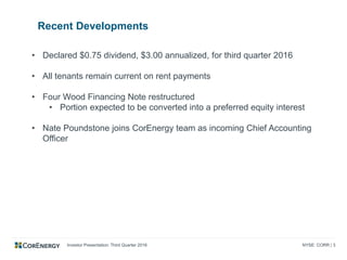 Investor Presentation: Third Quarter 2016 NYSE: CORR | 3
Recent Developments
• Declared $0.75 dividend, $3.00 annualized, for third quarter 2016
• All tenants remain current on rent payments
• Four Wood Financing Note restructured
• Portion expected to be converted into a preferred equity interest
• Nate Poundstone joins CorEnergy team as incoming Chief Accounting
Officer
 